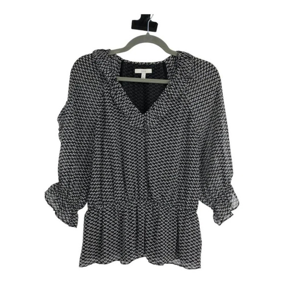 Joie Black  & White V-neck Zaida Ruffled Silk Top Elasticated Waist size S - Picture 2 of 16